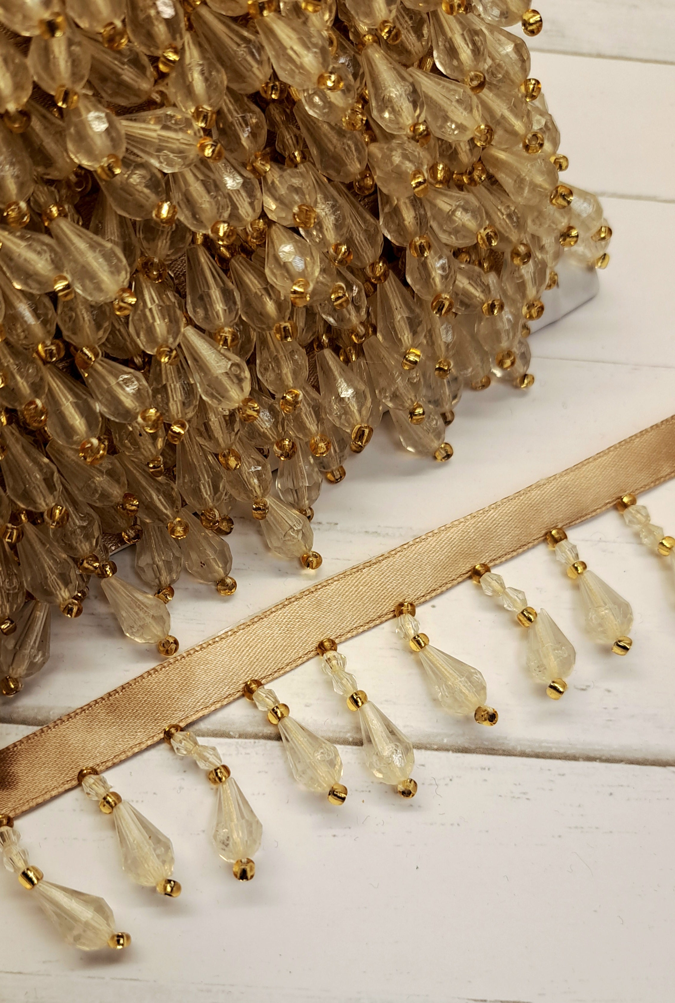Cheep Trims - Beaded Fringe  - Ivory Gold