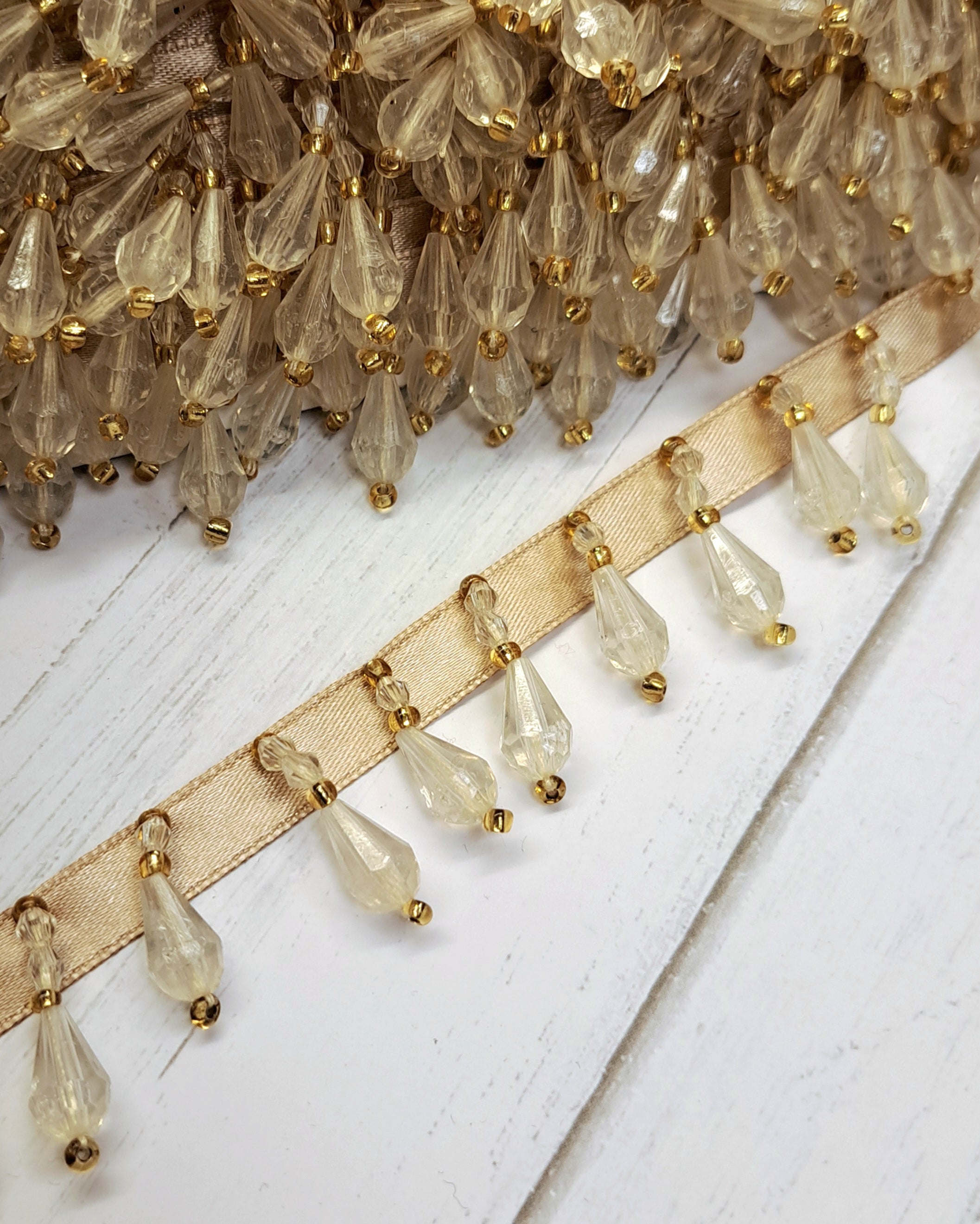 Cheep Trims - Beaded Fringe  - Ivory Gold