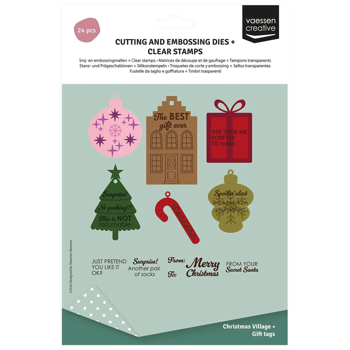 Vaessen Creative - Cutting & Embossing Dies + Clear Stamps - Christmas Village Gift Tags