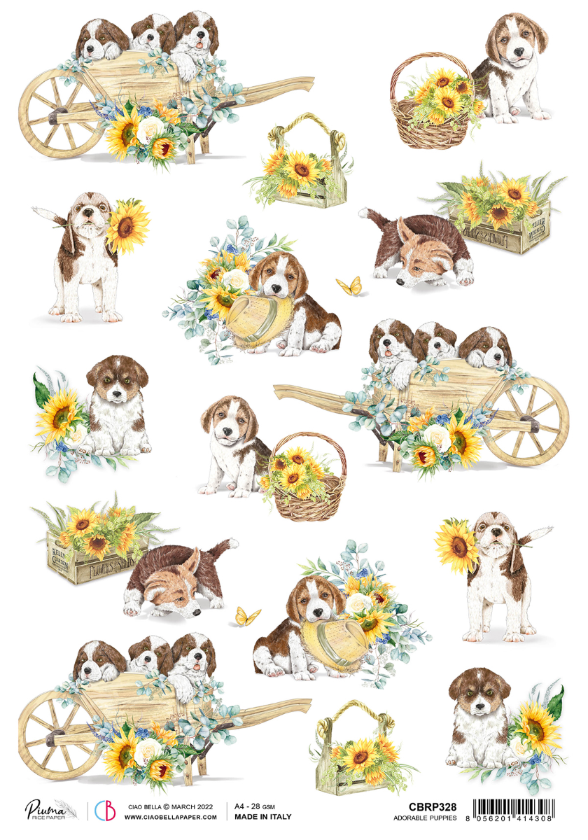 Ciao Bella - Farmhouse Garden - Adorable puppies - Rice Paper A4