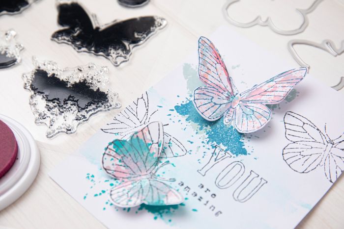 Sizzix - 49 & Market - Framelits dies & clear stamp - Painted pencil butterflies