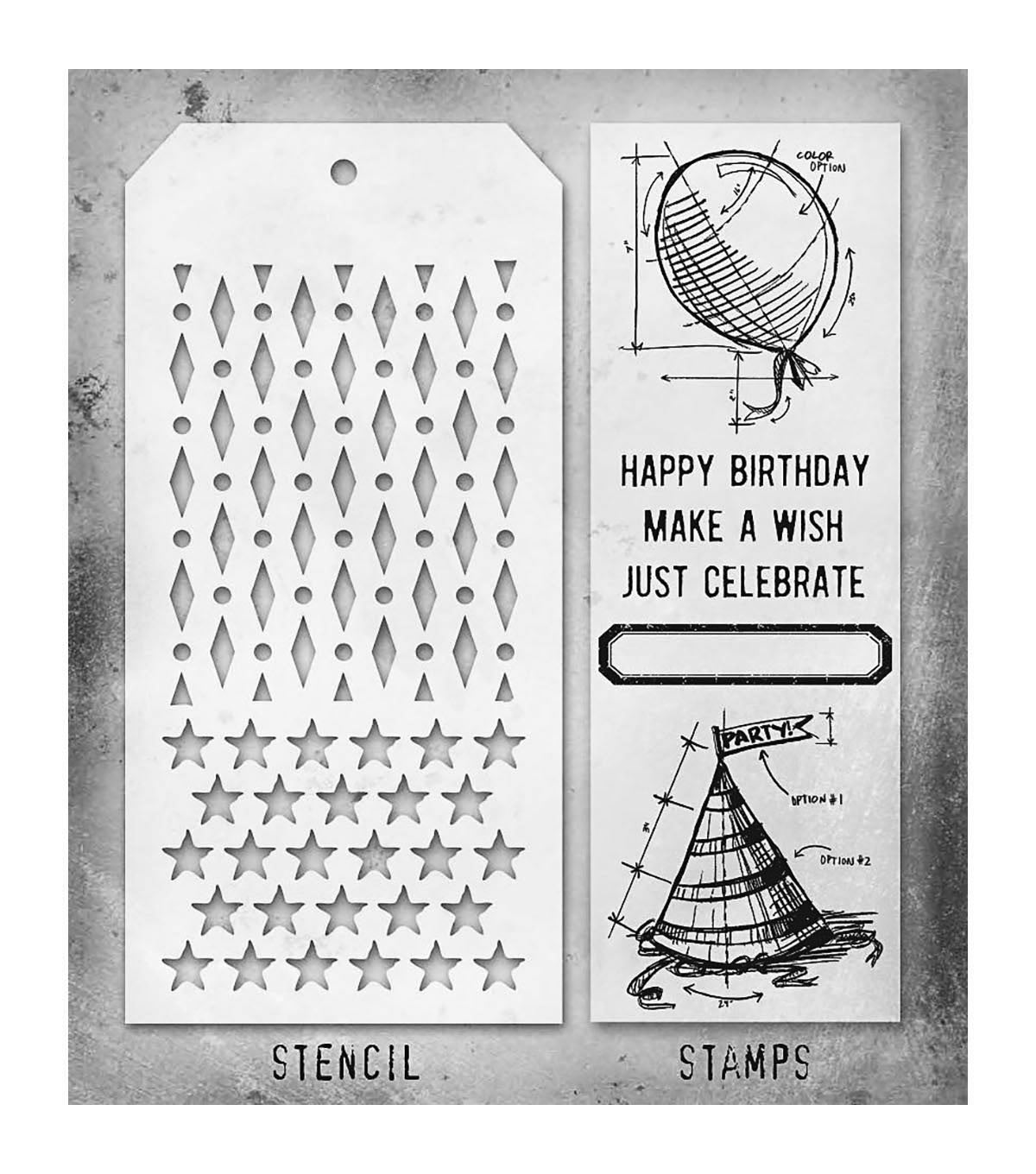 Tim Holtz - Mixed Media Set - Stamp/Stencil - Birthday