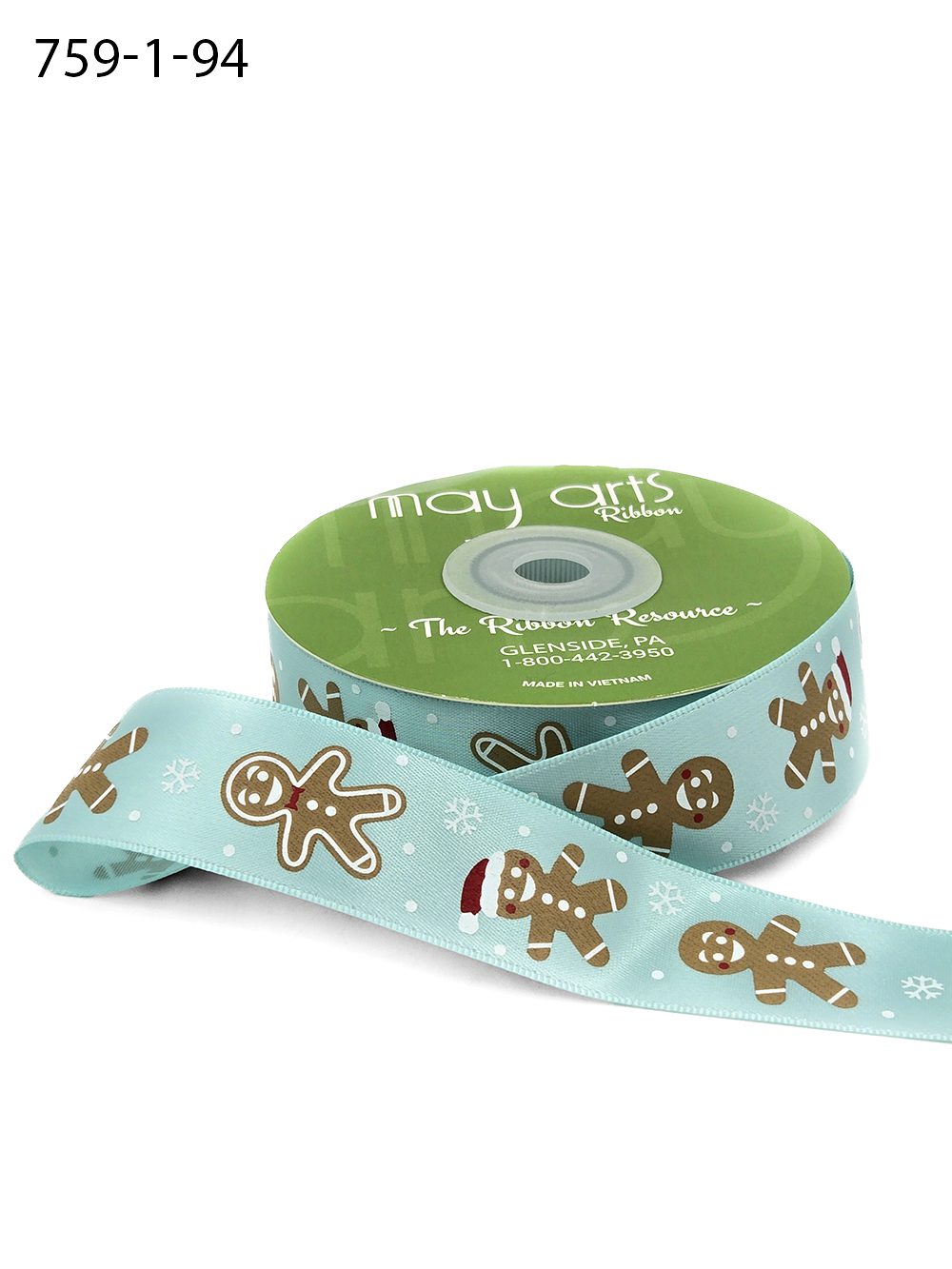 Satin Ribbon - Gingerman print - Robins egg blue - METERSVIS