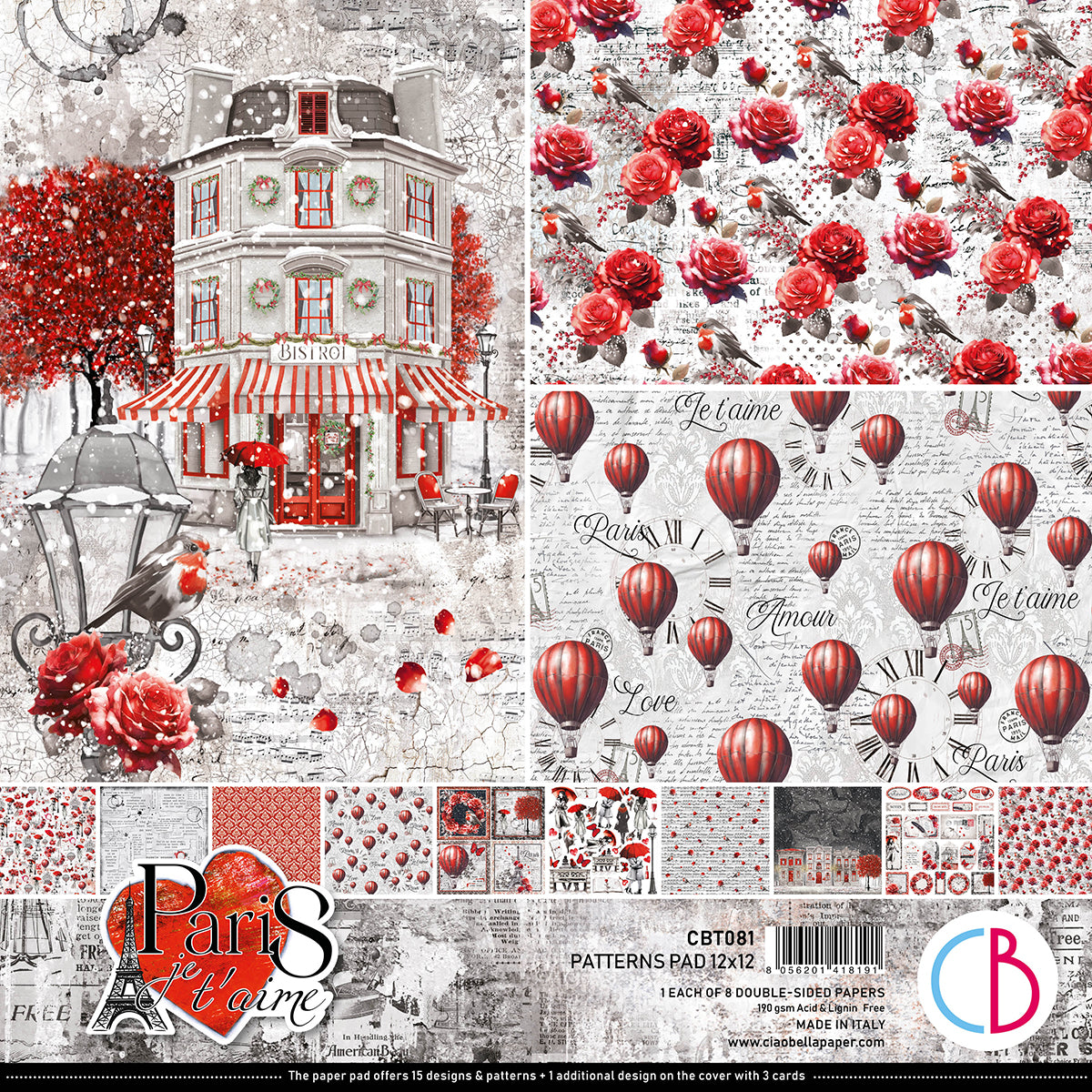 Ciao Bella - Paris Je t'aime- Paper Pack (8 ark) 12 x 12"