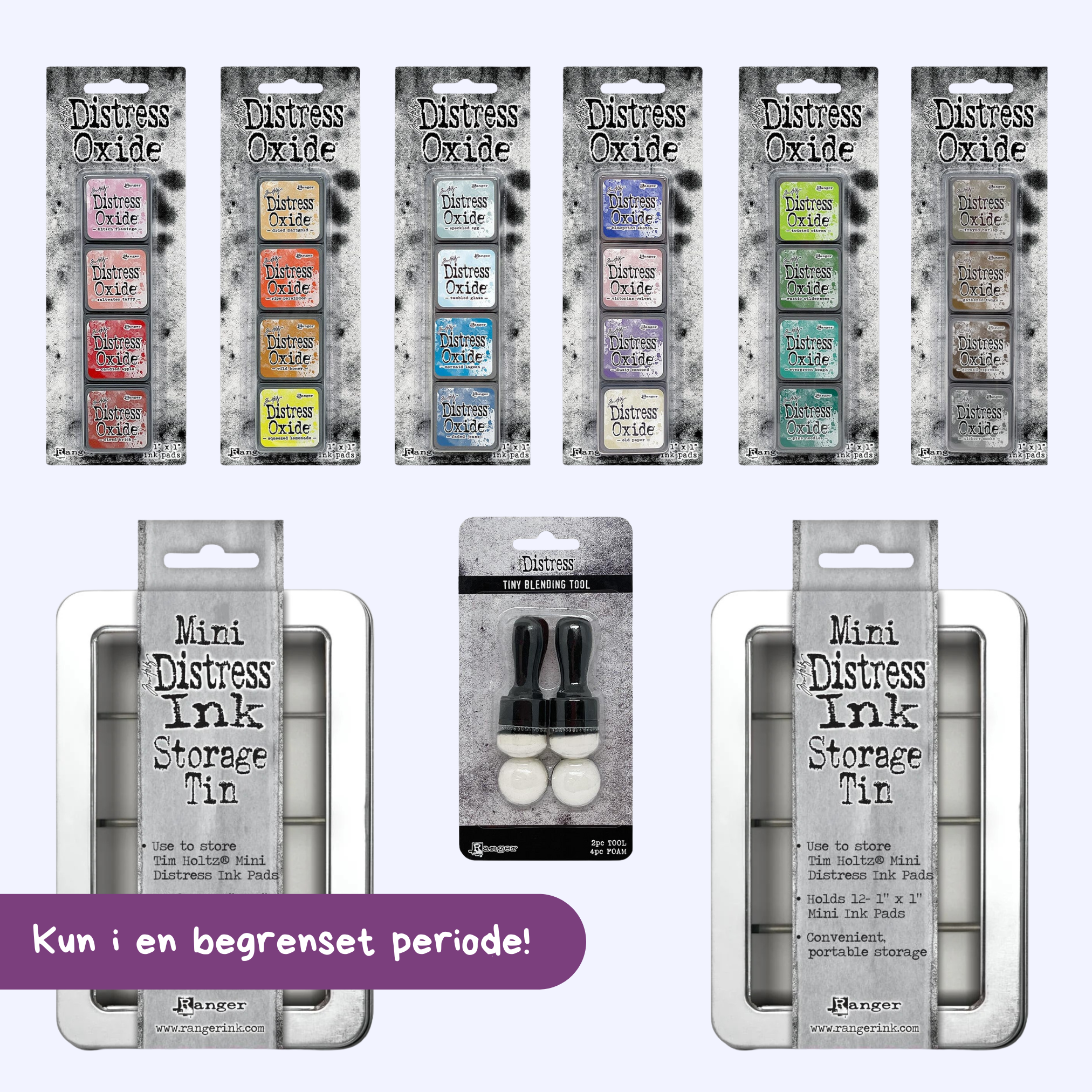 Tim Holtz - Bundle - Distress Mini Oxide Ink set #7 - 12 + 1 pk Tiny ink blending tool + 2 stk mini distress storage tins - Forhåndsbestilling