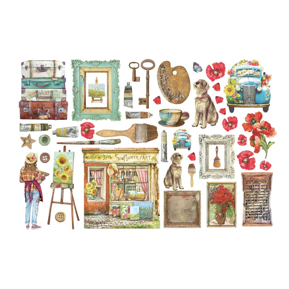 Stamperia - Sunflower Art - Adhesive Ephemera - Elements and Poppies