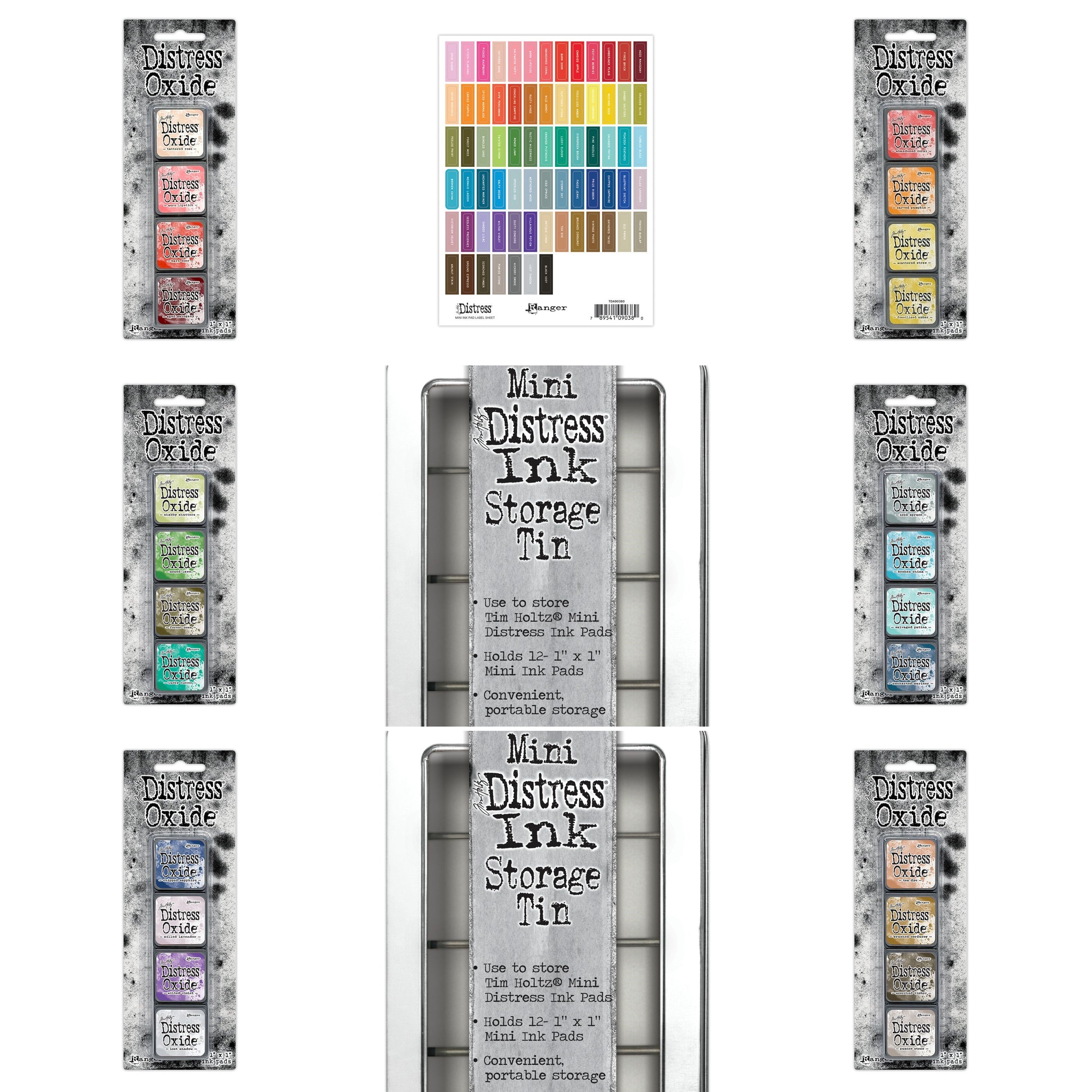 Tim Holtz - Bundle - Distress Mini Oxide Ink set #13 - 18 + 2 stk mini distress storage tins + Mini Ink pad labels White