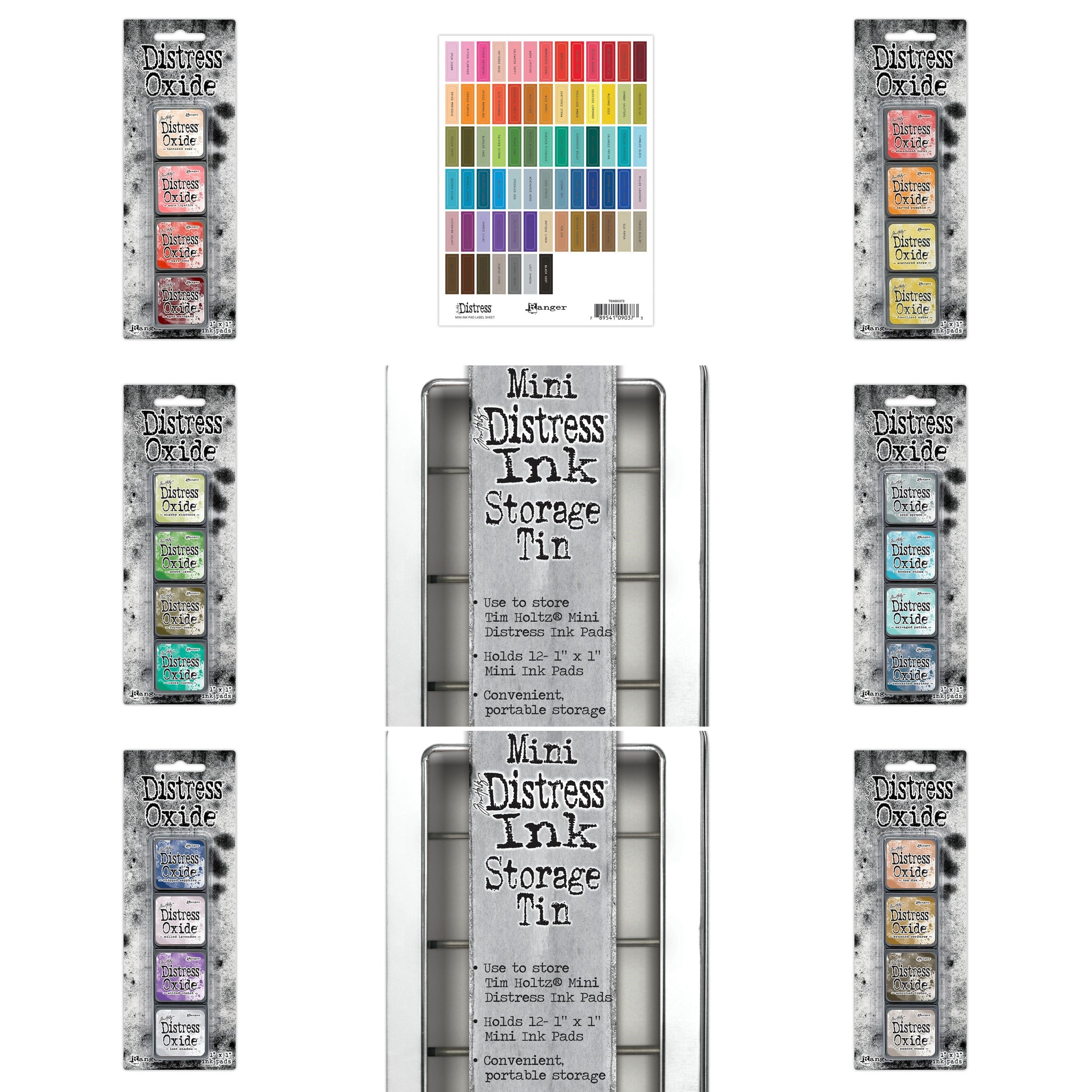 Tim Holtz - Bundle - Distress Mini Oxide Ink set #13 - 18 + 2 stk mini distress storage tins + Mini Ink pad labels Black