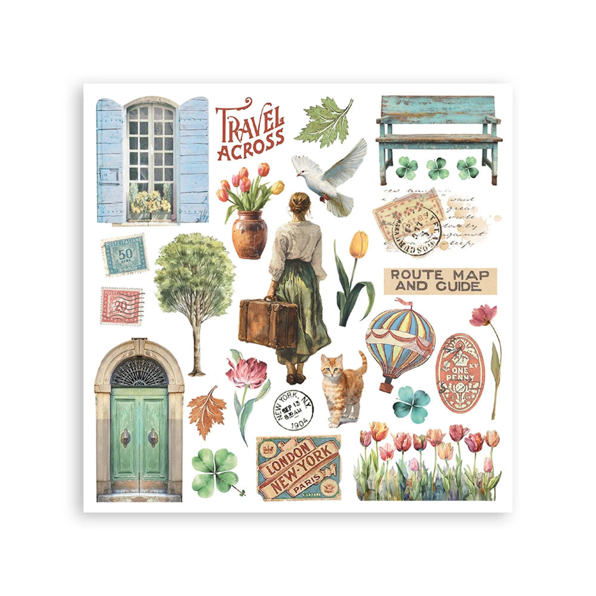 Stamperia - Art of Travelling - Rub ons kit - 15,5 x 15,5 cm