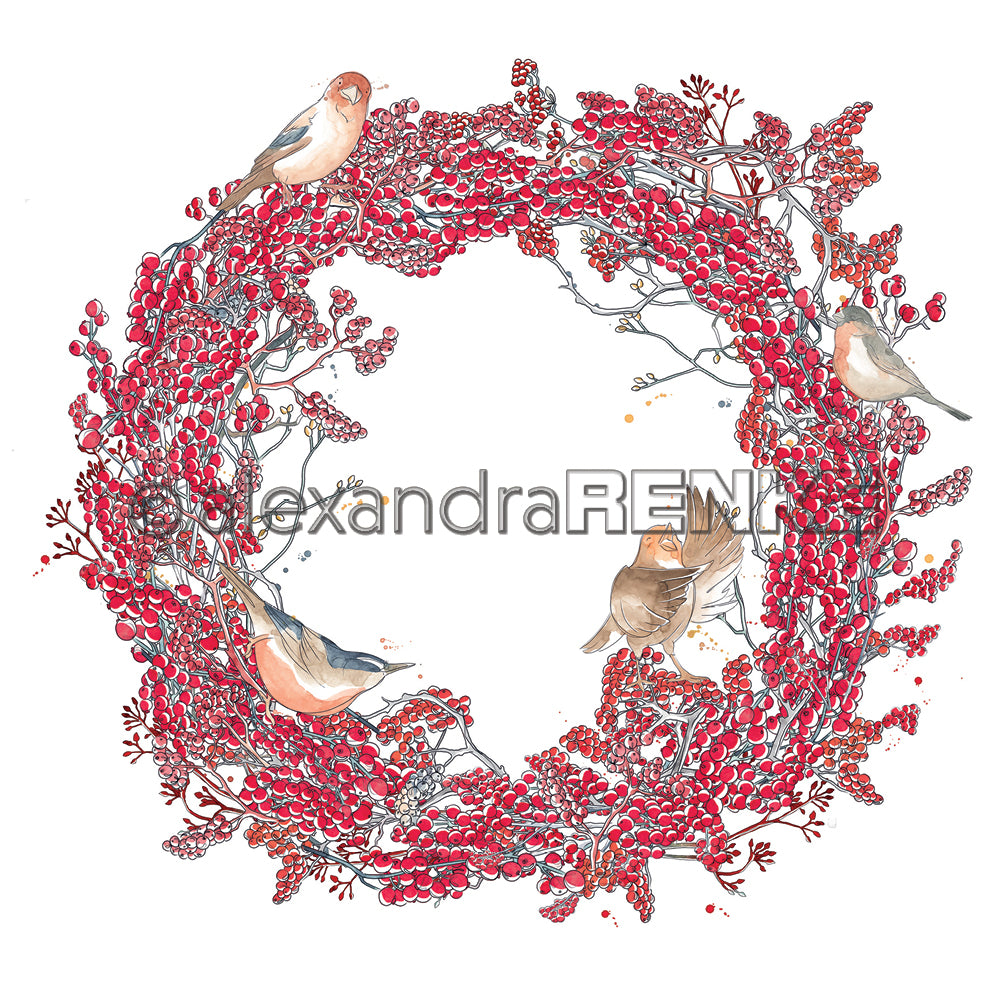 Alexandra Renke - Floral Christmas red berry wreath with birds - Paper 12x12"