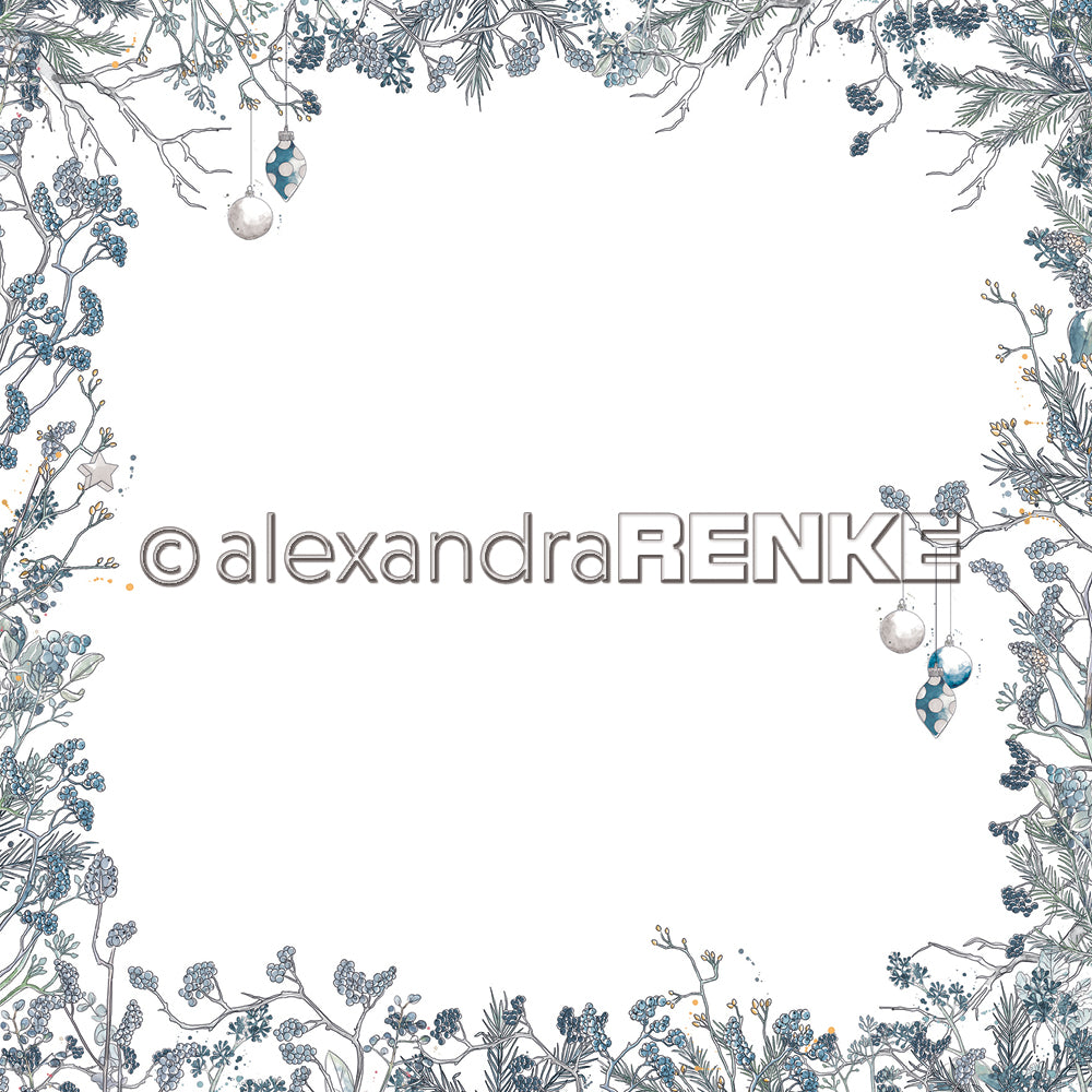 Alexandra Renke - Floral Christmas berry branches layout frame blue - Paper 12x12"