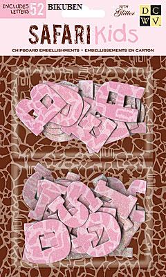 DCWV: Safari kids - chipboard embellishments with glitter - alfabet