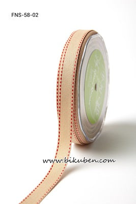 May Arts - Twill Ribbon - Champagne w/red Stitched Edge - metervis