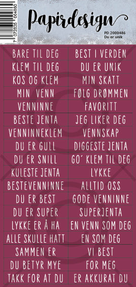 Papirdesign - Ord klistremerker - Du er unik