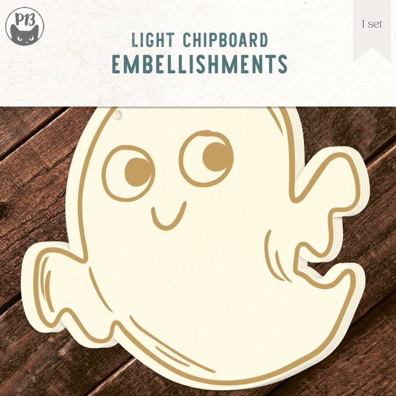 P13 - Happy Halloween - Light Chipboard Banner - Ghost   6 x 6"