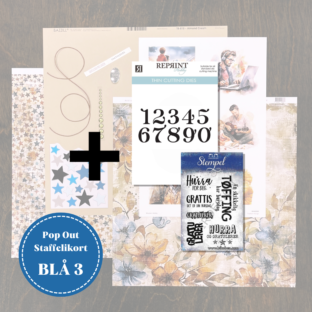 Scrap a long - Pop Out Staffelikort - Basic Blå - kit 3 med dies & stempel