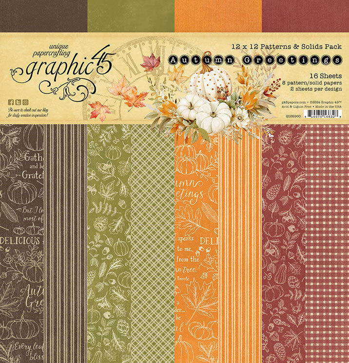 Graphic 45 - Autumn Greetings - Patterns and Solids Paper Pad  12 x 12"