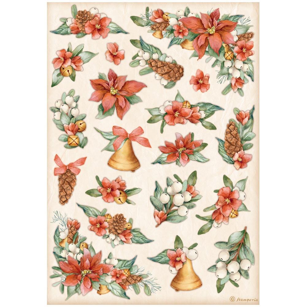 Stamperia - All around christmas  - Poinsettia & Bells - Rice Paper A4