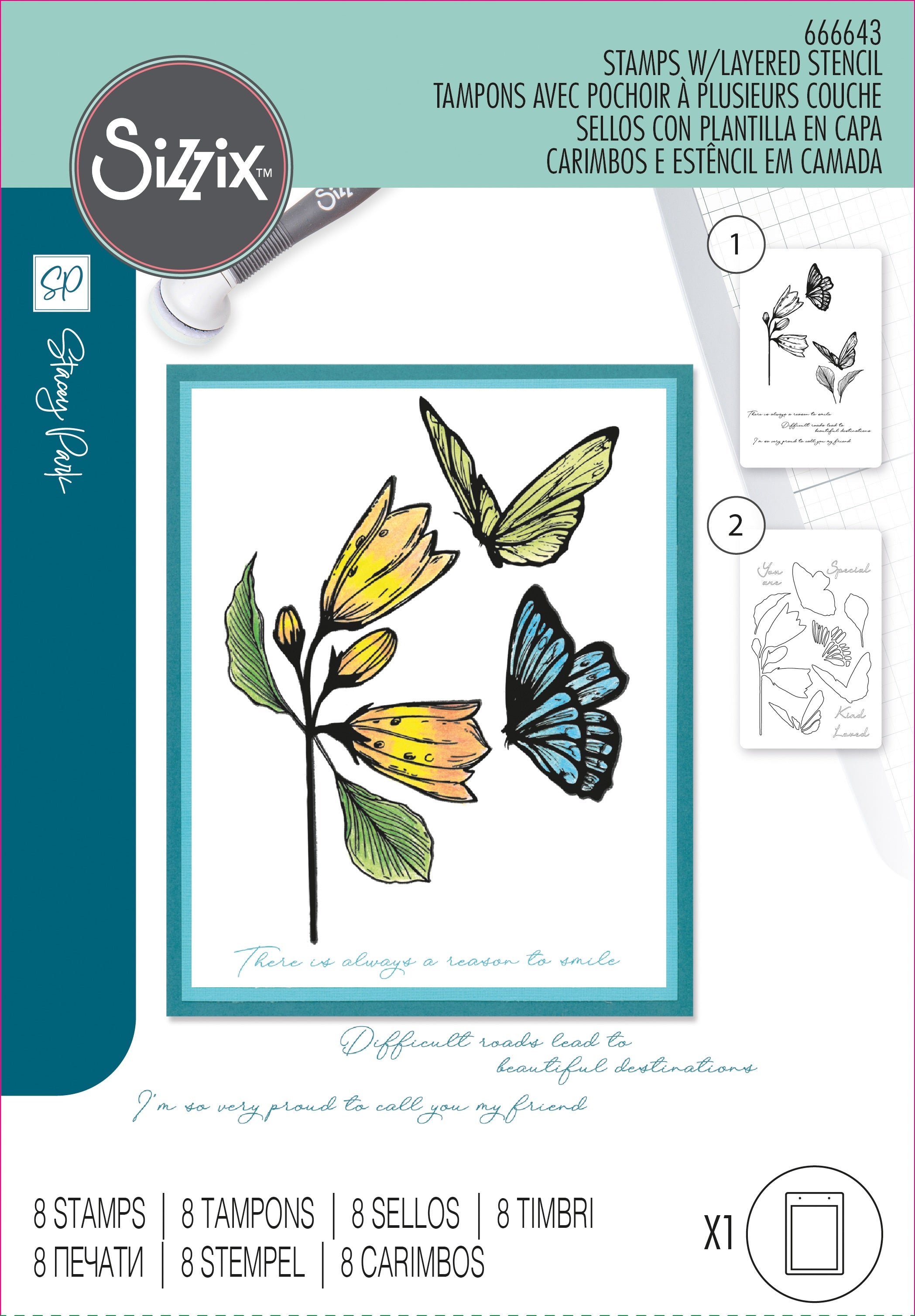 Sizzix - Stamps with Stencil - Farfalllna, Cosmopolitan