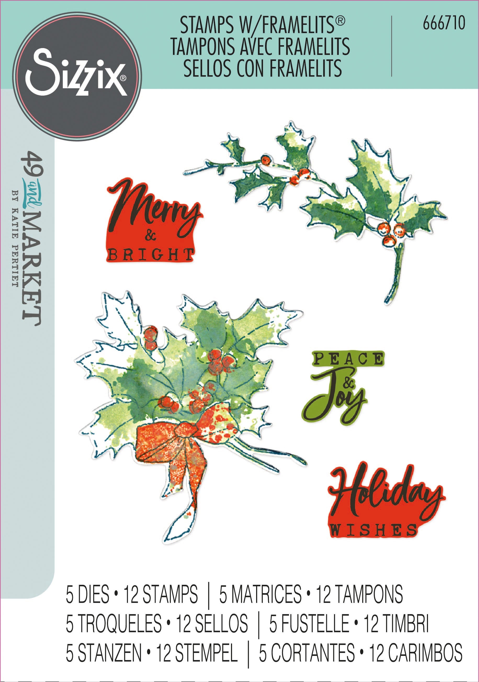 Sizzix - 49 & Market - Framelits dies & clear stamp - Pencil line holly