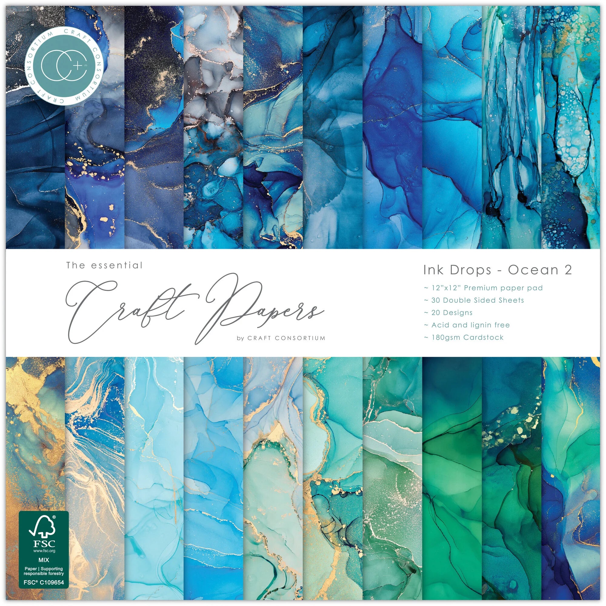 Craft Consortium - Ink Drops Ocean 2 - Paper Pad - 12"x12"