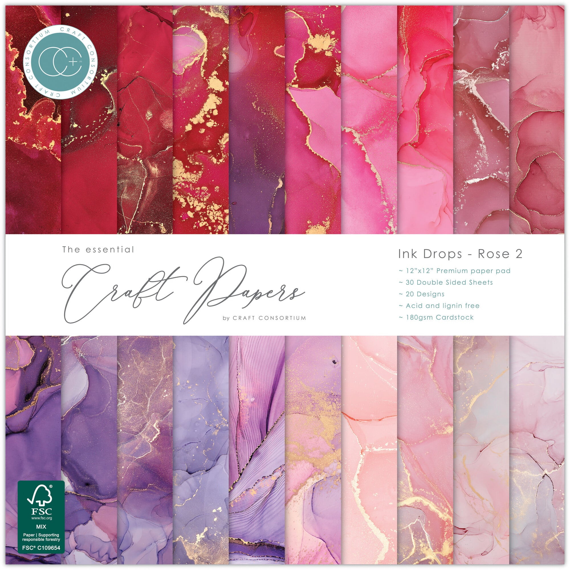 Craft Consortium - Ink Drops Rose 2 - Paper Pad - 12"x12"