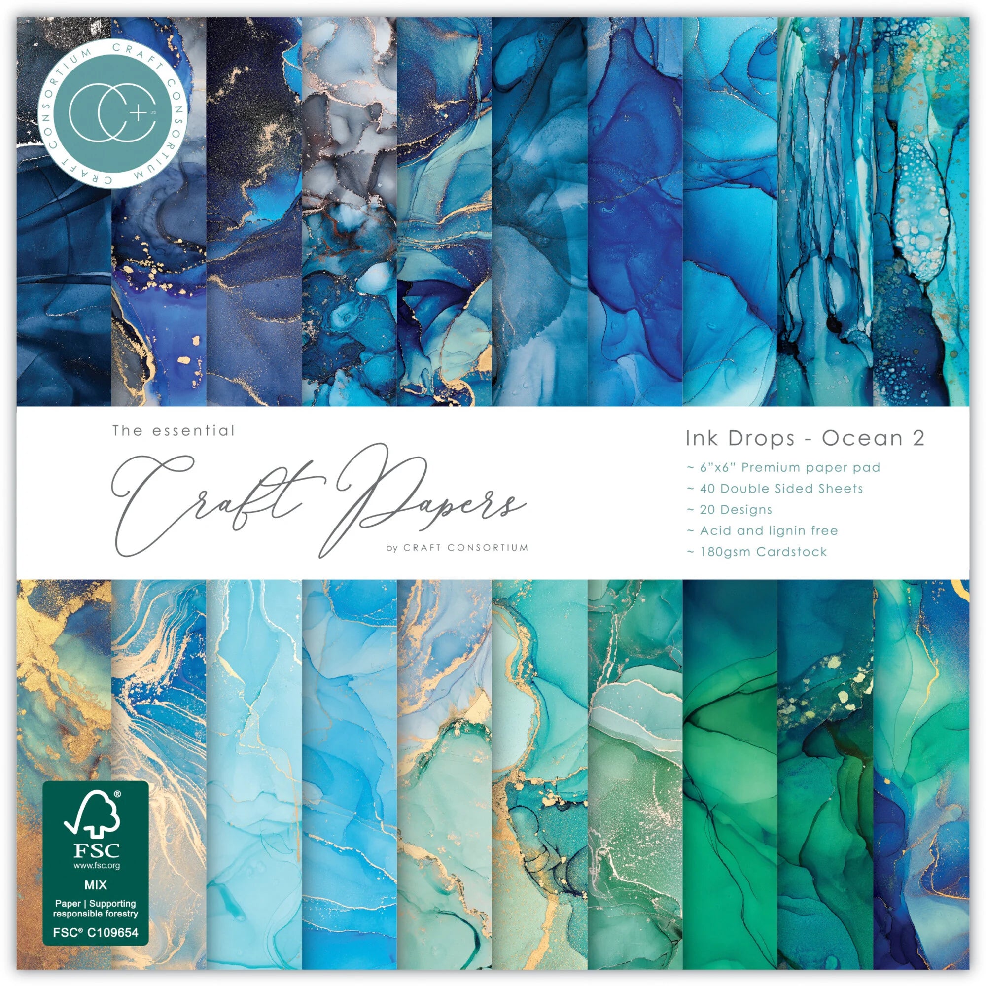 Craft Consortium -  Ink Drops Ocean 2 - Paper Pad  6 x 6"
