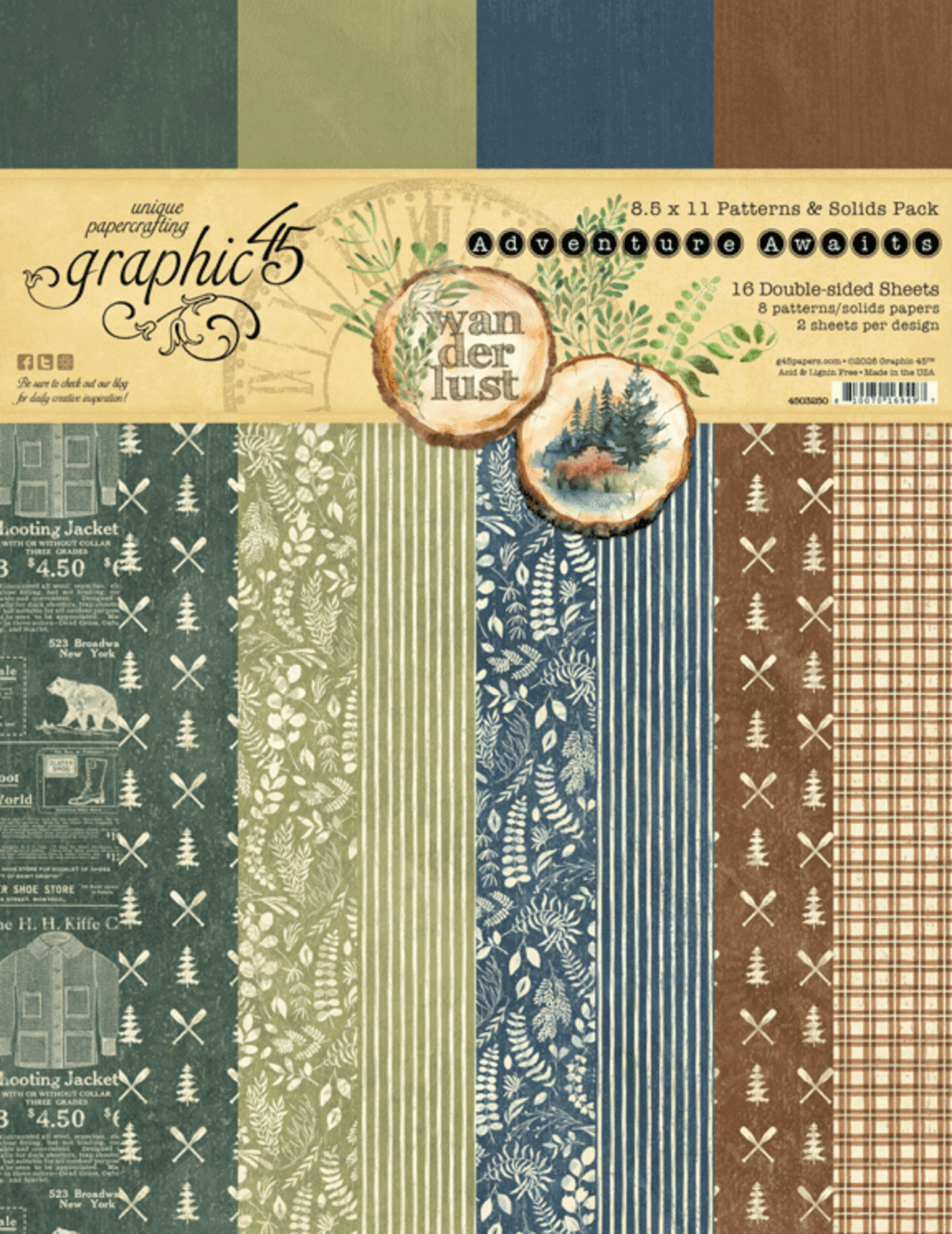 Graphic 45 -  Adventure Awaits - Patterns & Solids Paper Pad - 8,5 x 11"