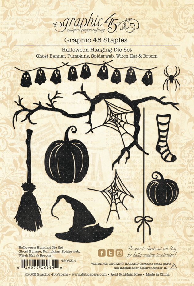 Graphic45 - Halloween Hanging Die Set Ghost Banner, Pumpkins, Spiderweb, Witch Hat & Broom