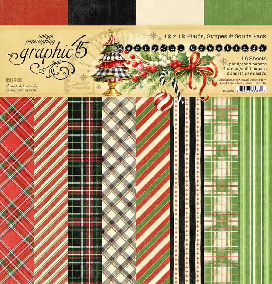 Graphic 45 - Merry-ful Greetings - Plaids & Stripes Paper Pad  12 x 12"