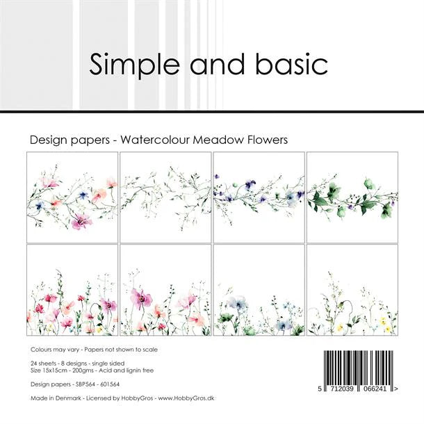 Simple and Basic Design Papers  - Watercolor Meadow flowers - 6x6"