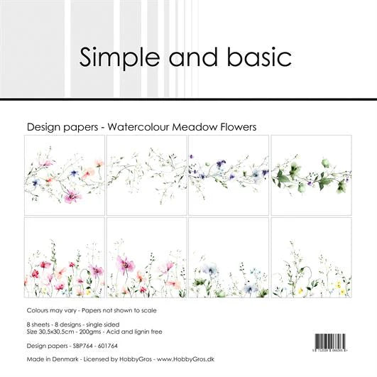 Simple and Basic Design Papers  - Watercolor Meadow flowers - 12 x 12"