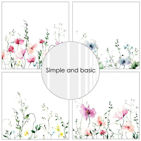 Simple and Basic Design Papers  - Watercolor Meadow flowers - 12 x 12"