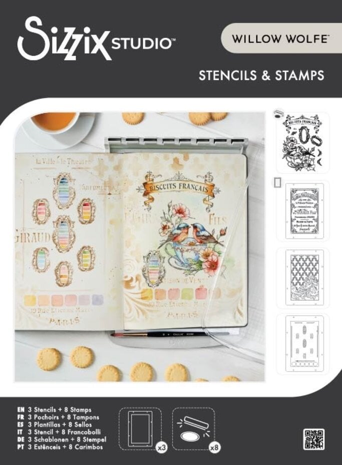 Sizzix - 49 & Market - Clear stamps w/Stencils Birds and Biscuits by Willow Wolfe
