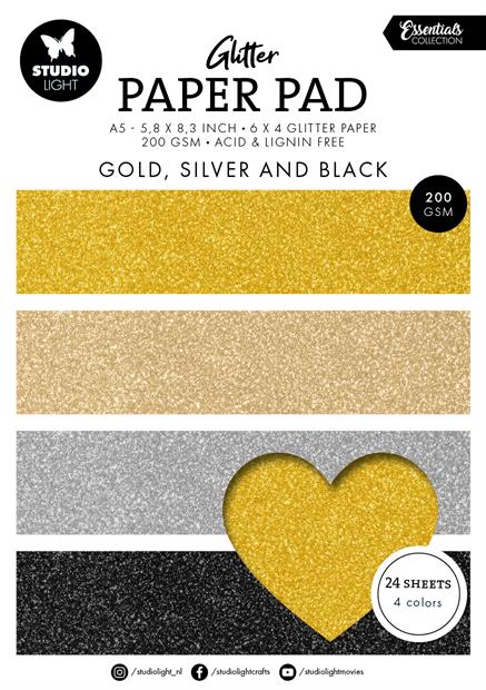 StudioLight - Glitter Paper Pad A5 - Gold , Silver & Black