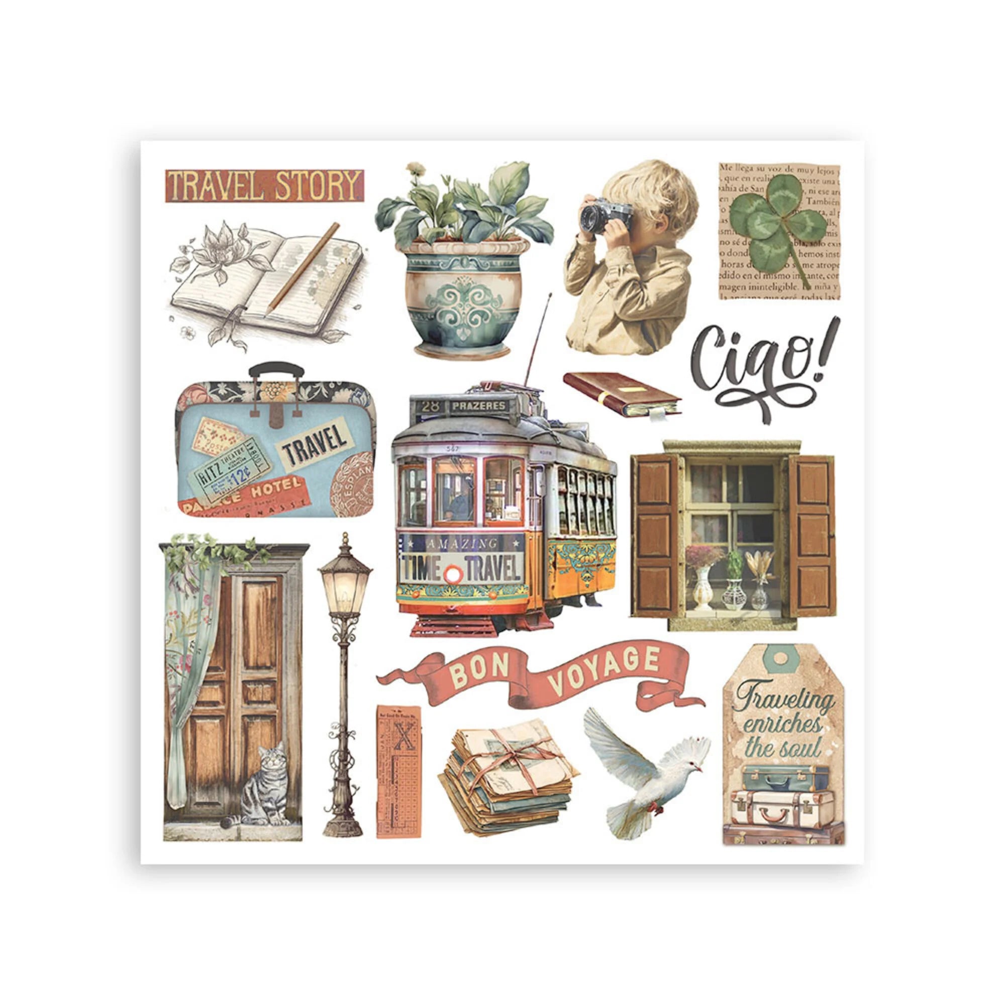 Stamperia - Art of Travelling - Rub ons kit - 15,5 x 15,5 cm