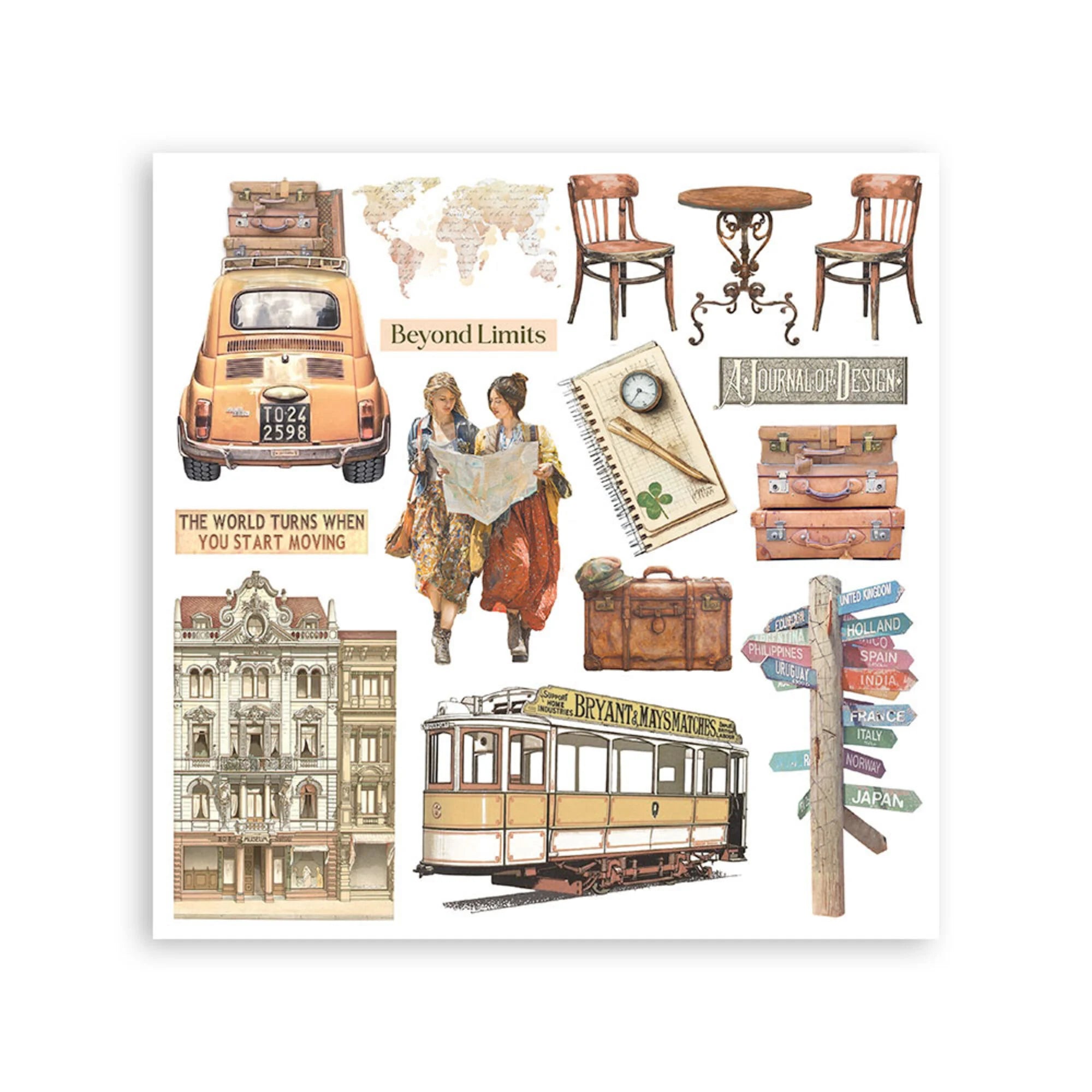 Stamperia - Art of Travelling - Rub ons kit - 15,5 x 15,5 cm