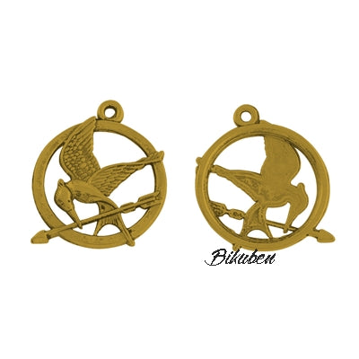 Charms - Antique Golden - Round - Bird and Arrow