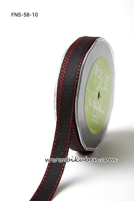 May Arts - Twill Ribbon - Black w/red Stitched Edge - metervis