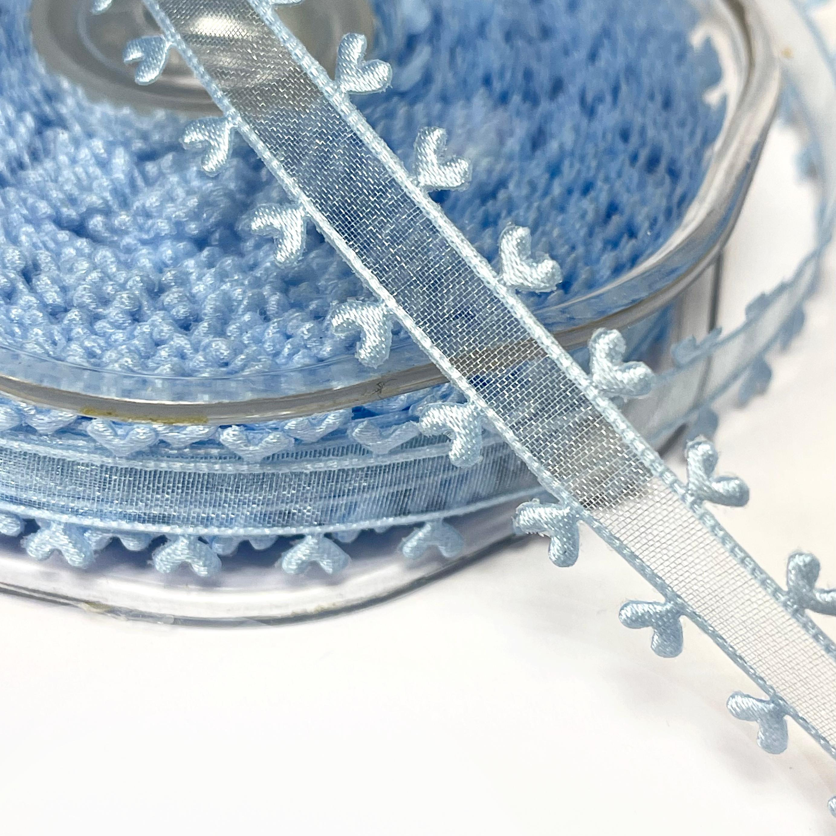 Edelweiss - Sheer Ribbon with Heart Edge - Light Blue - Metervis